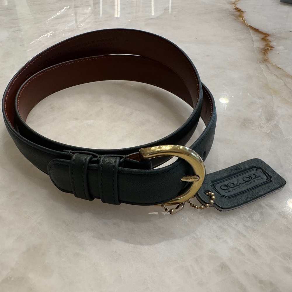 Vintage Coach Bottle Green and Brown Leather Belt with Brass Buckle